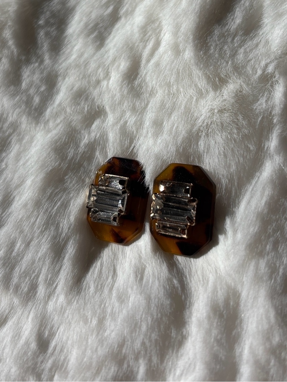 Tortoiseshell Resin post Earrings with Clear Baguette Crystals